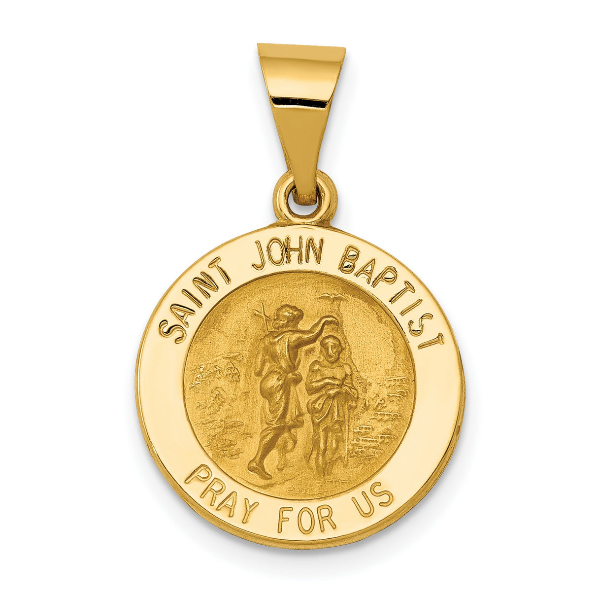 Hollow Saint John Baptist Pray For Us Words Round Medal Charm Pendant in Real 14k Yellow Gold