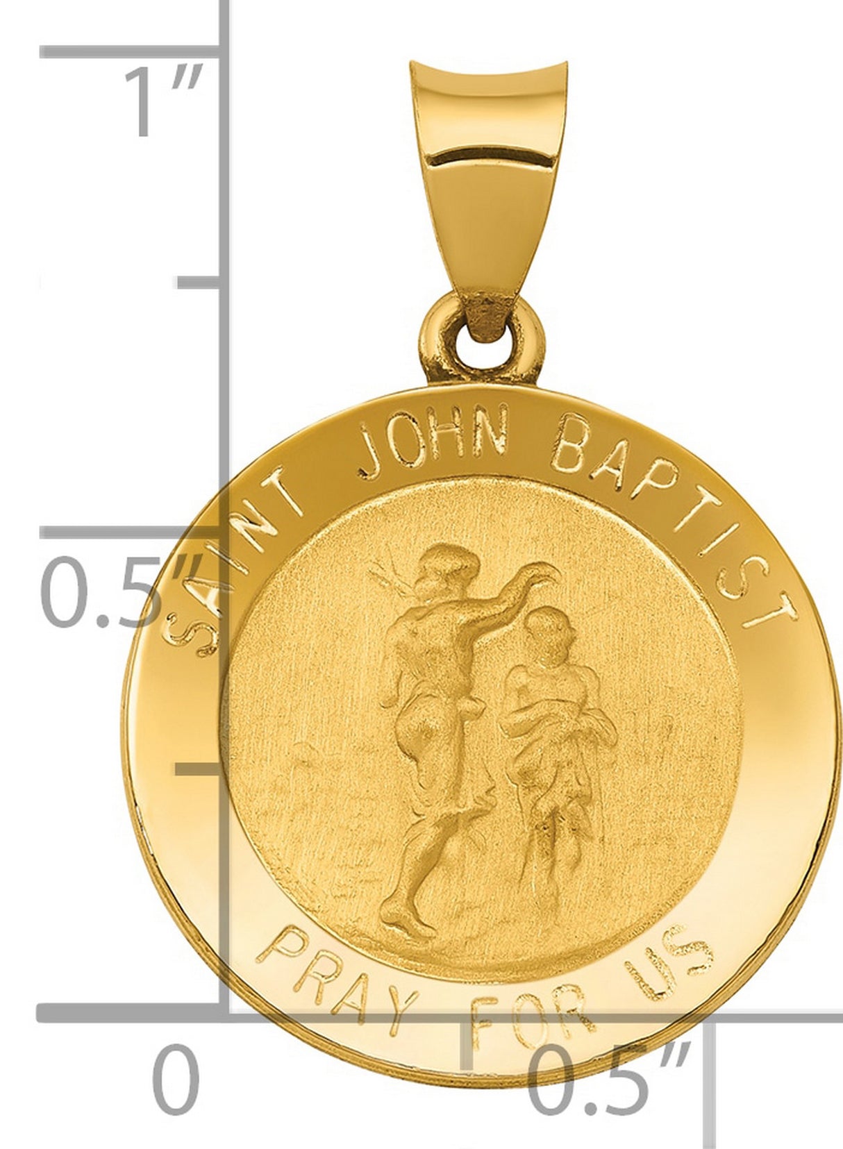 Hollow Saint John Baptist Pray For Us Words Round Medal Charm Pendant in Real 14k Yellow Gold