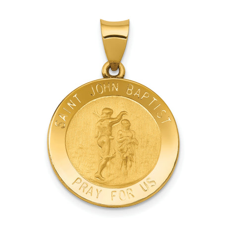 Hollow Saint John Baptist Pray For Us Words Round Medal Charm Pendant in Real 14k Yellow Gold