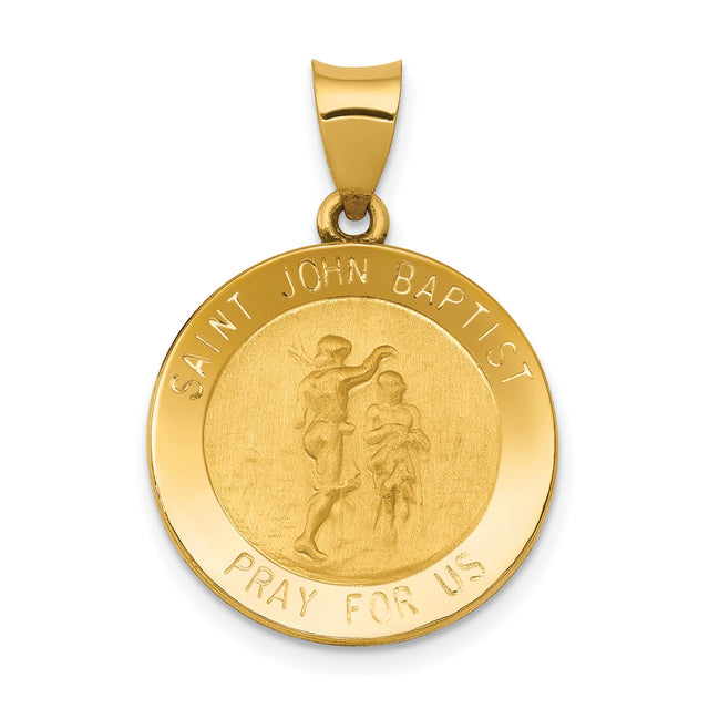 Hollow Saint John Baptist Pray For Us Words Round Medal Charm Pendant in Real 14k Yellow Gold