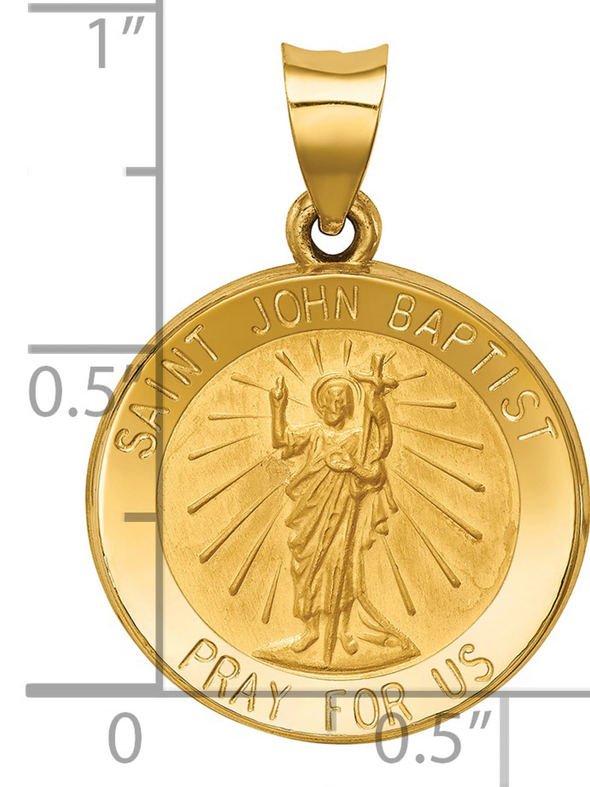 Hollow Saint John Baptist Pray For Us Words Round Medal Charm Pendant in Real 14k Yellow Gold