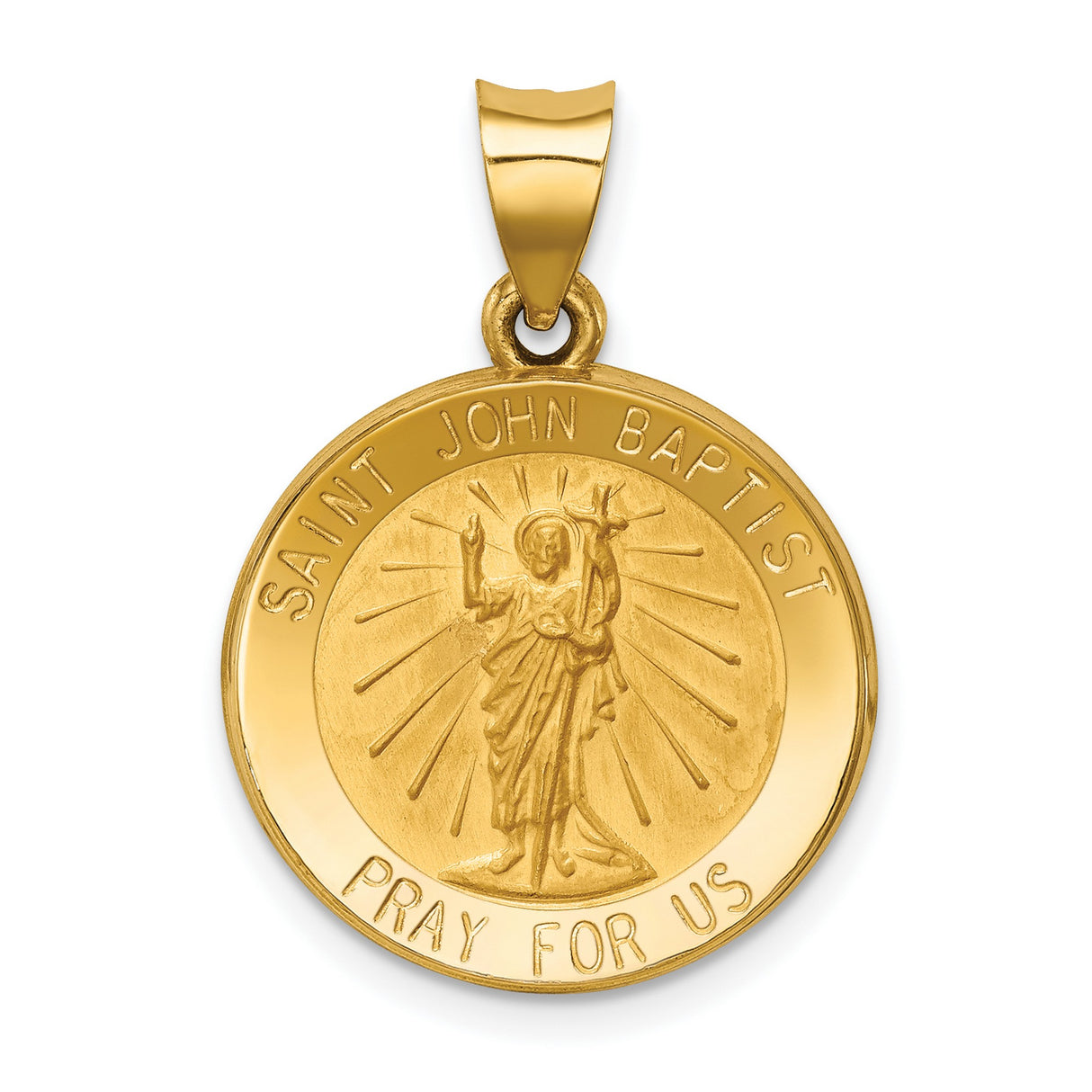 Hollow Saint John Baptist Pray For Us Words Round Medal Charm Pendant in Real 14k Yellow Gold