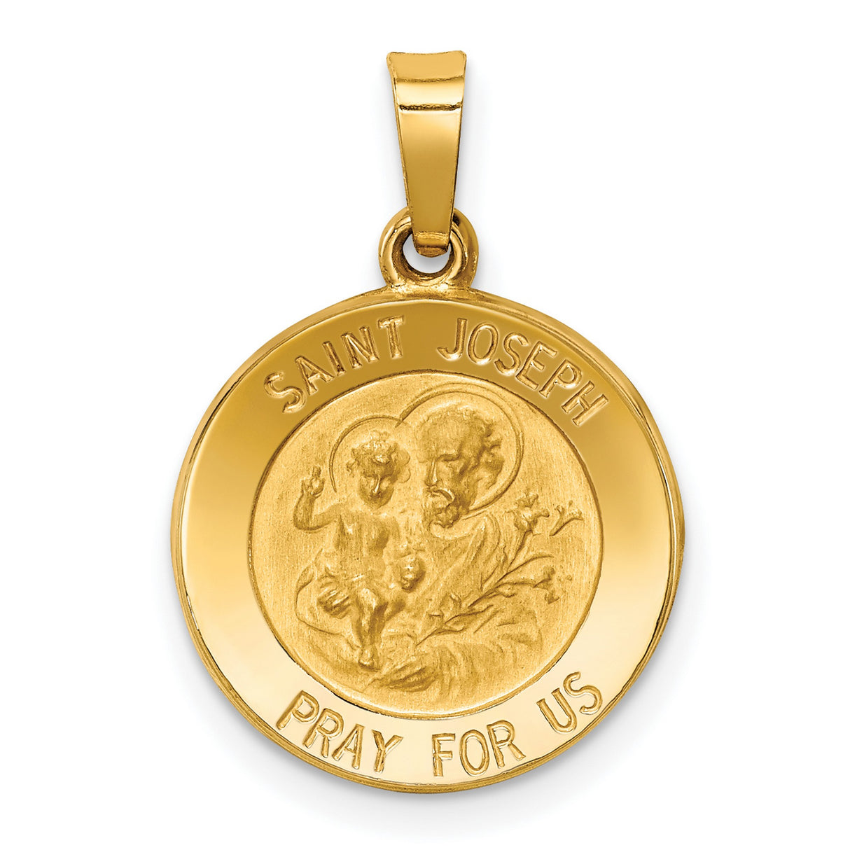 Hollow Saint Joseph Pray For Us Words Round Medal Charm Pendant in Real 14k Yellow Gold