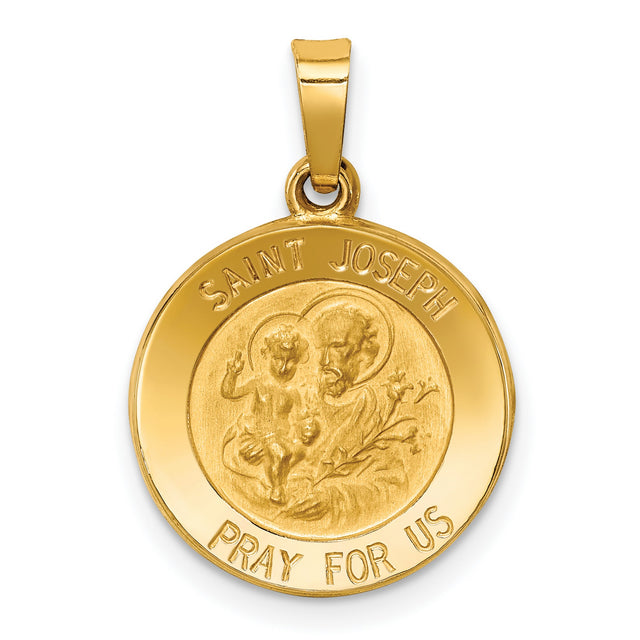 Hollow Saint Joseph Pray For Us Words Round Medal Charm Pendant in Real 14k Yellow Gold