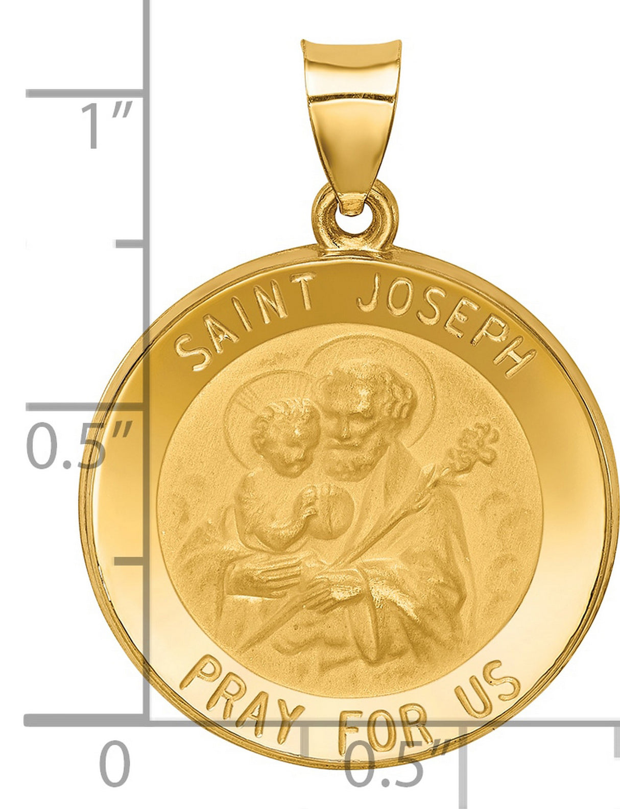 Hollow Saint Joseph Pray For Us Words Round Medal Charm Pendant in Real 14k Yellow Gold