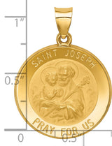 Hollow Saint Joseph Pray For Us Words Round Medal Charm Pendant in Real 14k Yellow Gold