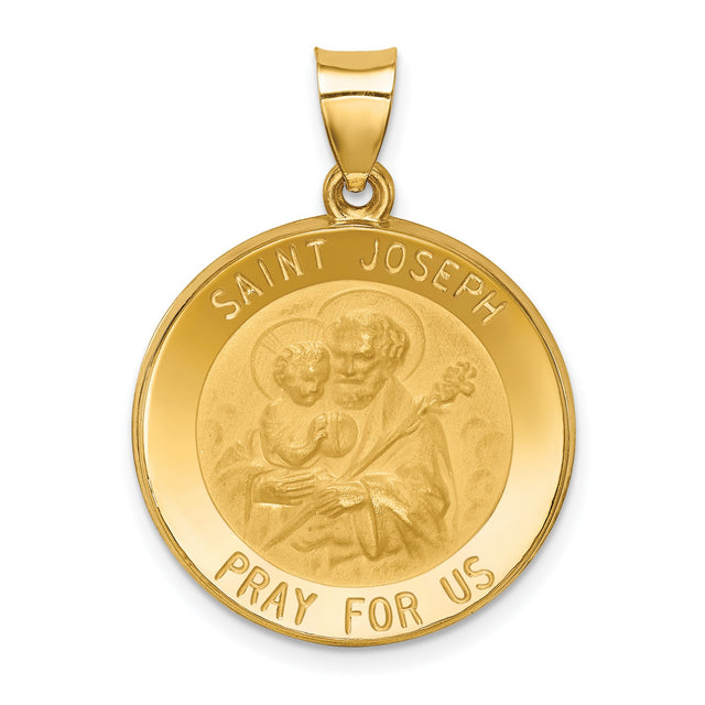 Hollow Saint Joseph Pray For Us Words Round Medal Charm Pendant in Real 14k Yellow Gold