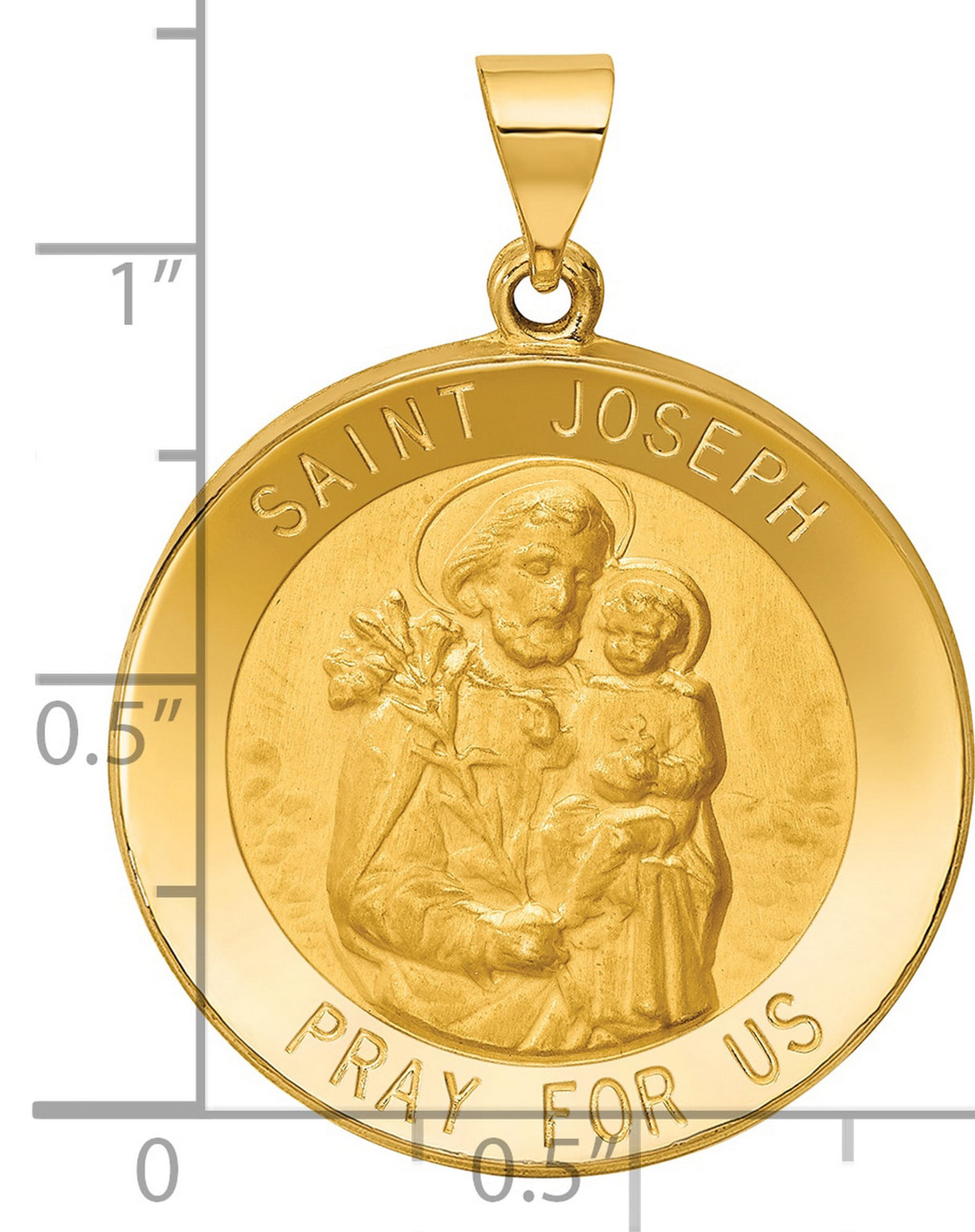 Hollow Saint Joseph Pray For Us Words Round Medal Charm Pendant in Real 14k Yellow Gold