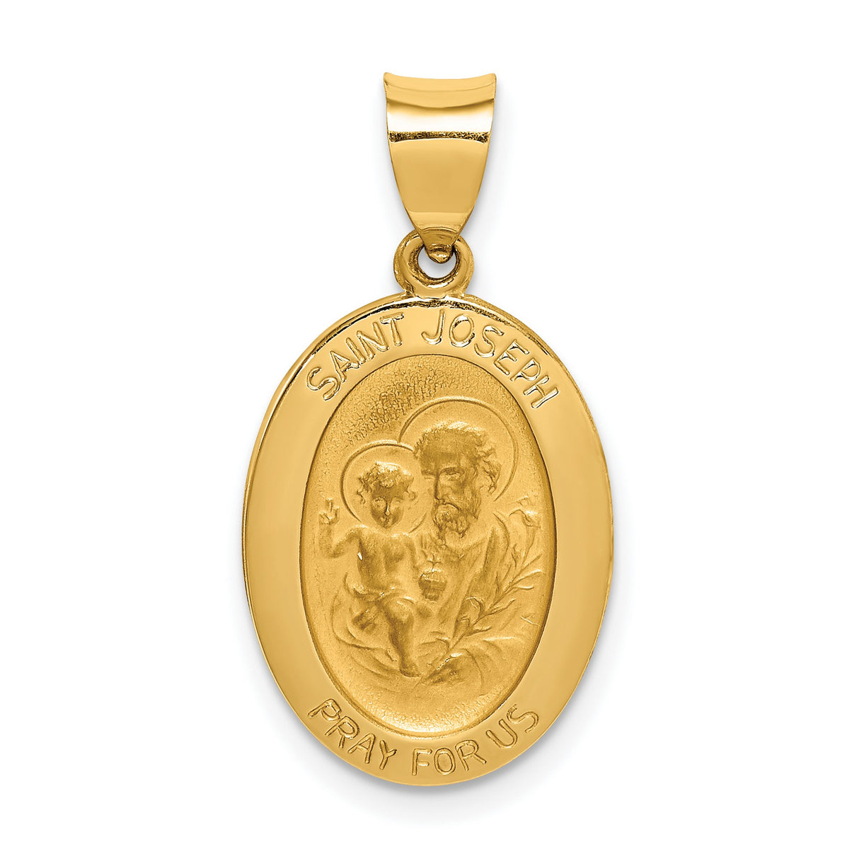 Hollow Saint Joseph Pray For Us Words Oval Medal Charm Pendant in Real 14k Yellow Gold