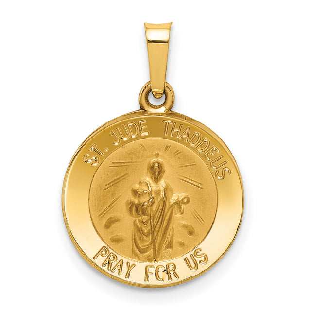 Hollow Saint Jude Thaddeus Pray For Us Words Round Charm Pendant in Real 14k Yellow Gold