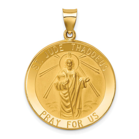 Hollow Saint Jude Thaddeus Pray For Us Words Round Charm Pendant in Real 14k Yellow Gold