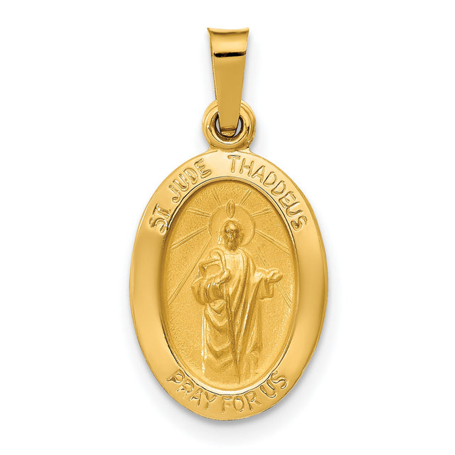 Hollow Satin Finish Saint Jude Thaddeus Pray For Us Words Oval Charm Pendant in Real 14k Yellow Gold