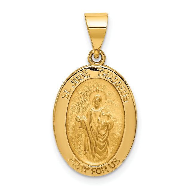 Hollow Saint Jude Thaddeus Pray For Us Words Oval Medal Charm Pendant in Real 14k Yellow Gold