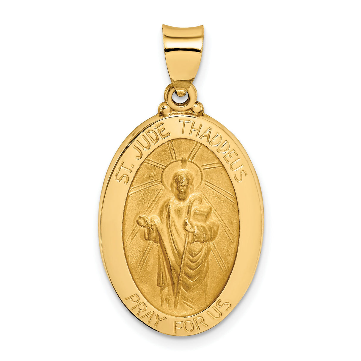 Hollow Oval Saint Jude Thaddeus Pray For Us Words Charm Pendant in Real 14k Yellow Gold