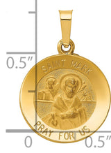 Hollow Saint Mark Pray For Us Words Round Medal Charm Pendant in Real 14k Yellow Gold