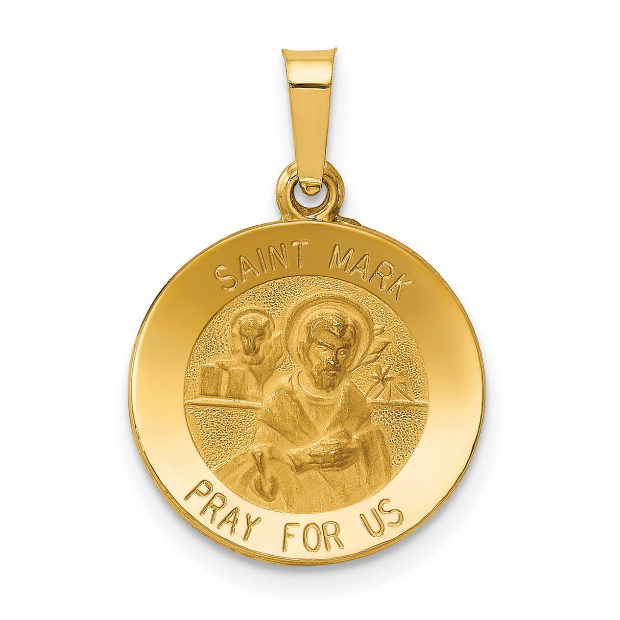 Hollow Saint Mark Pray For Us Words Round Medal Charm Pendant in Real 14k Yellow Gold