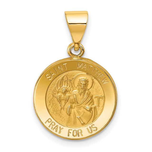 Hollow Saint Matthew Pray For Us Words Round Medal Charm Pendant in Real 14k Yellow Gold