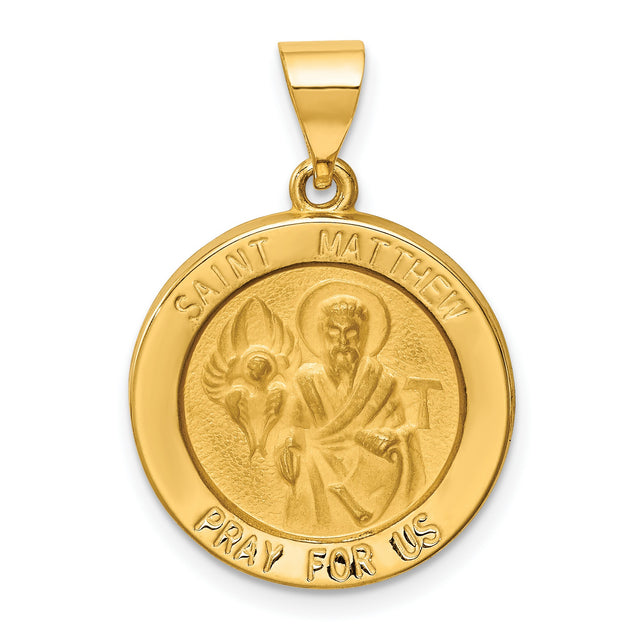 Hollow Saint Matthew Pray For Us Words Medal Charm Pendant in Real 14k Yellow Gold