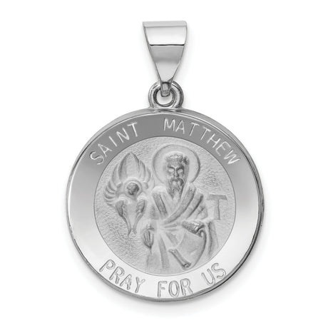 14k White Gold Saint Matthew Pendant, Christian Medal with Pray for Us Inscription