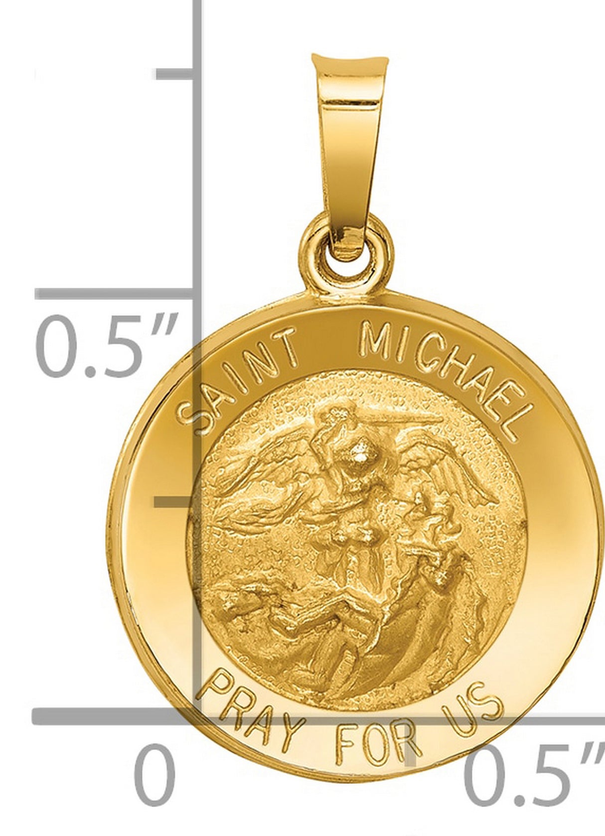 Hollow Saint Michael Pray For Us Words Round Medal Charm Pendant in Real 14k Yellow Gold