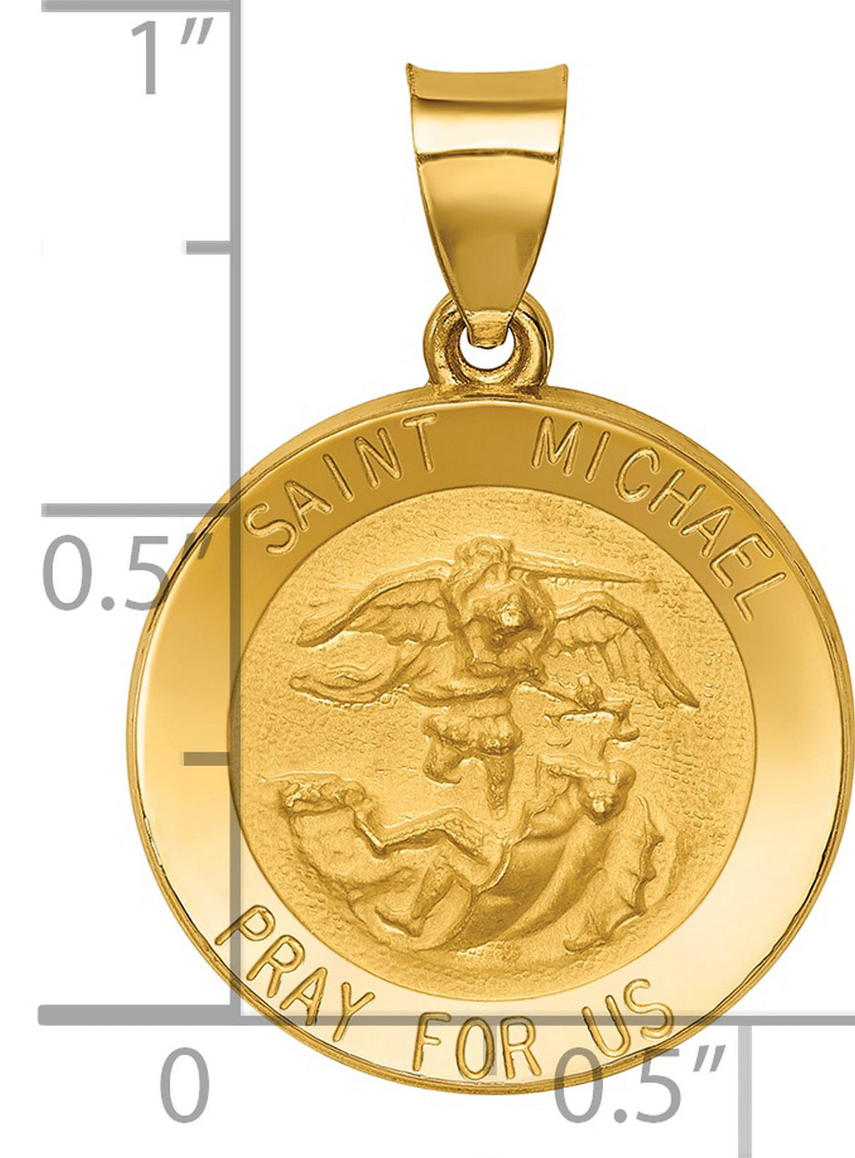 Hollow Saint Michael Pray For Us Words Round Medal Charm Pendant in Real 14k Yellow Gold