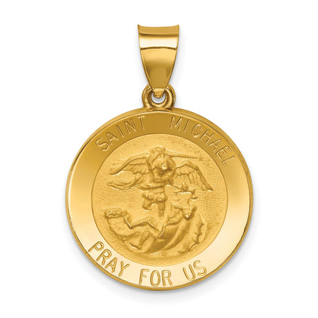 Hollow Saint Michael Pray For Us Words Round Medal Charm Pendant in Real 14k Yellow Gold