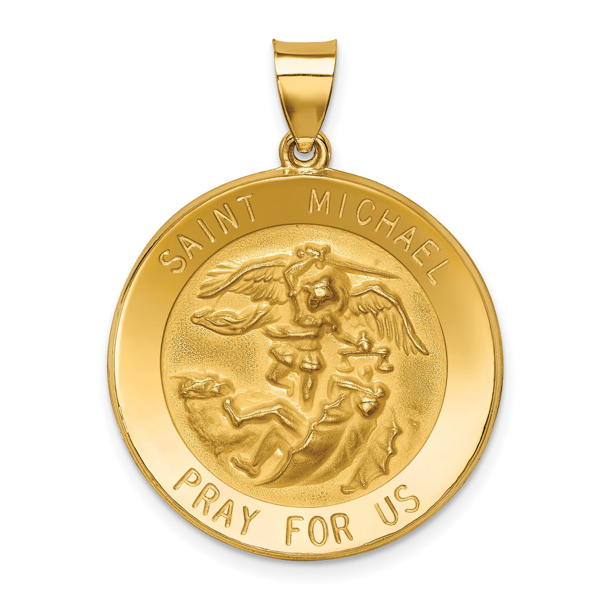 Hollow Pray For Us Words Saint Michael Round Medal Charm Pendant in Real 14k Yellow Gold