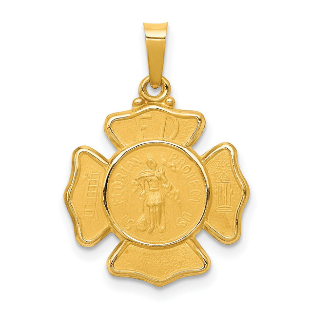 Hollow Firefighter Badge With Saint Florian Protect Us Words Charm Pendant in Real 14k Yellow Gold