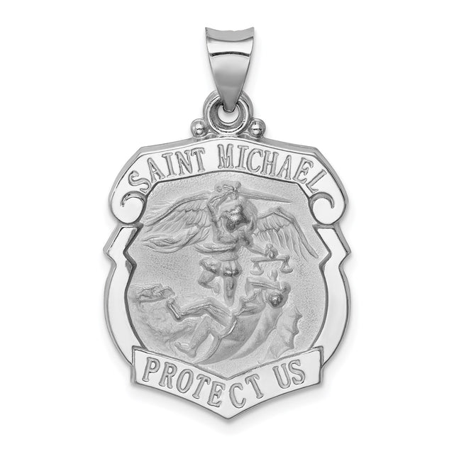 14k White Gold Saint Michael Protect Us Pendant, Archangel Medal, Christian Religious Jewelry for Men