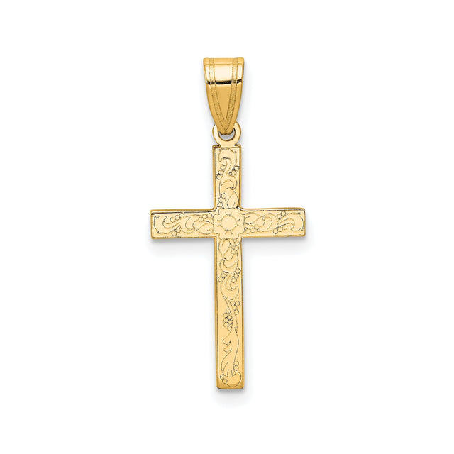 14k Yellow Gold Cross Pendant with Floral and Vine Engraving, Christian Religious Jewelry for Women