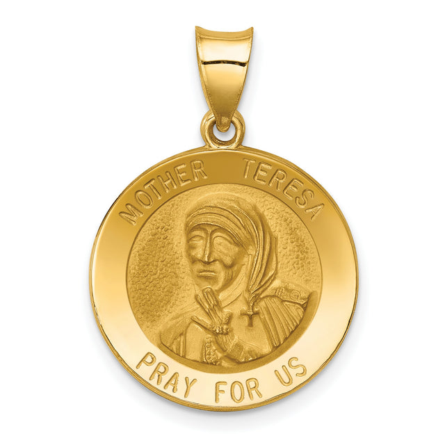 Mother Teresa Pray For Us Words Round Medal Charm Pendant in Real 14k Yellow Gold