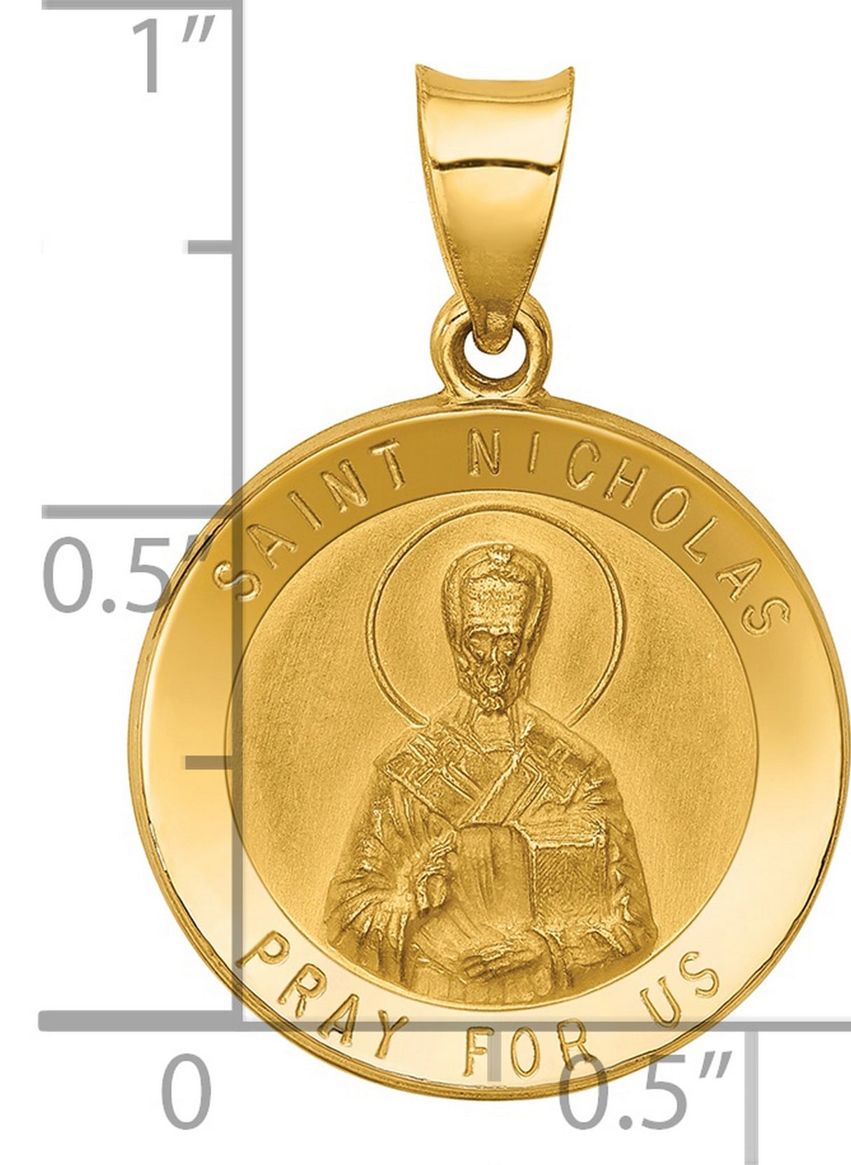 Saint Nicholas Pray For Us Words Round Medal Charm Pendant in Real 14k Yellow Gold