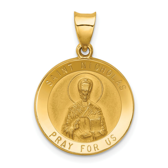 Saint Nicholas Pray For Us Words Round Medal Charm Pendant in Real 14k Yellow Gold