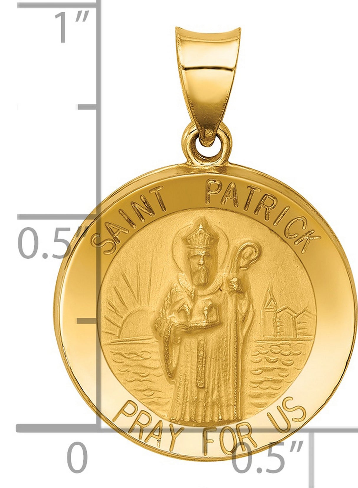 Hollow Saint Patrick Pray For Us Words Round Medal Charm Pendant in Real 14k Yellow Gold