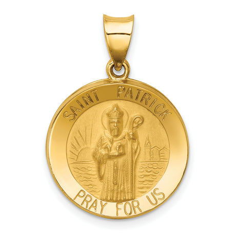 Hollow Saint Patrick Pray For Us Words Round Medal Charm Pendant in Real 14k Yellow Gold