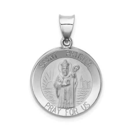 14k White Gold Saint Patrick Pendant, Catholic Religious Medal with Pray for Us Engraving