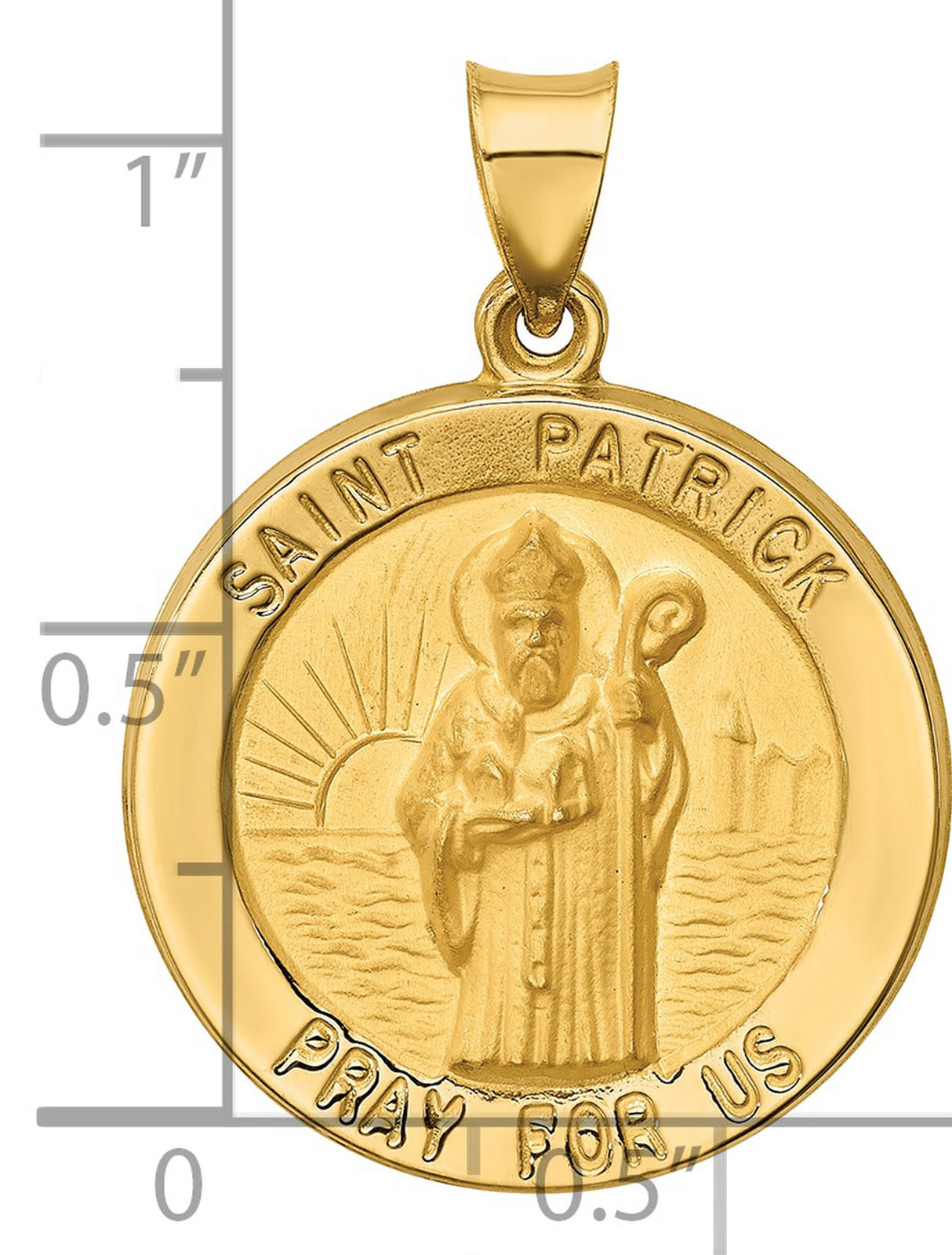 Hollow Saint Patrick Pray For Us Words Round Medal Charm Pendant in Real 14k Yellow Gold