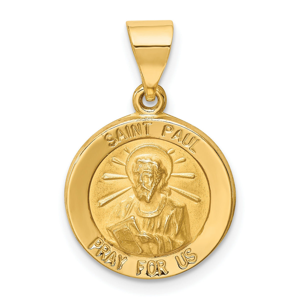 Hollow Saint Paul Pray For Us Words Round Medal Charm Pendant in Real 14k Yellow Gold