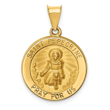 Hollow Saint Peregrine Pray For Us Words Medal Charm Pendant in Real 14k Yellow Gold