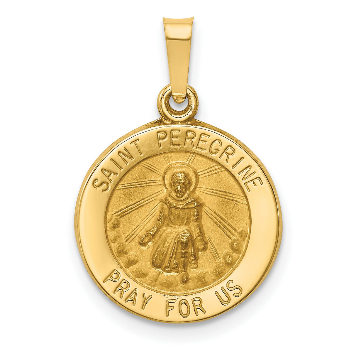 Hollow Saint Peregrine Pray For Us Words Round Medal Charm Pendant in Real 14k Yellow Gold