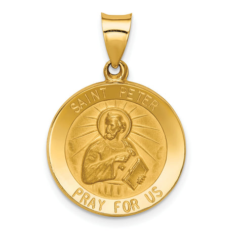 Hollow Saint Peter Pray For Us Words Round Medal Charm Pendant in Real 14k Yellow Gold