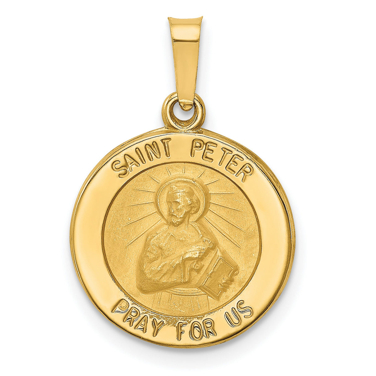 Hollow Saint Peter Pray For Us Words Round Medal Charm Pendant in Real 14k Yellow Gold