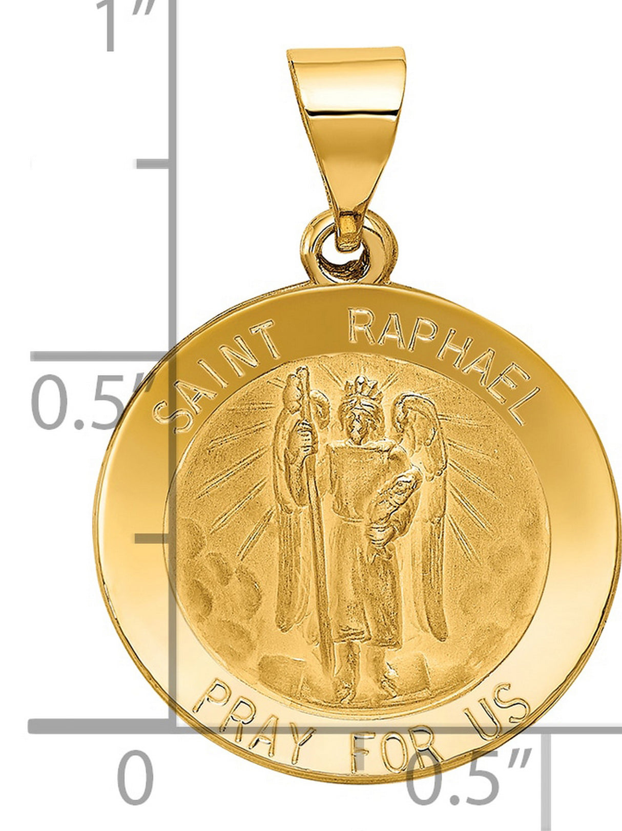 Hollow Saint Raphael Pray For Us Words Round Medal Charm Pendant in Real 14k Yellow Gold