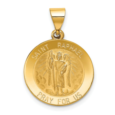 Hollow Saint Raphael Pray For Us Words Round Medal Charm Pendant in Real 14k Yellow Gold