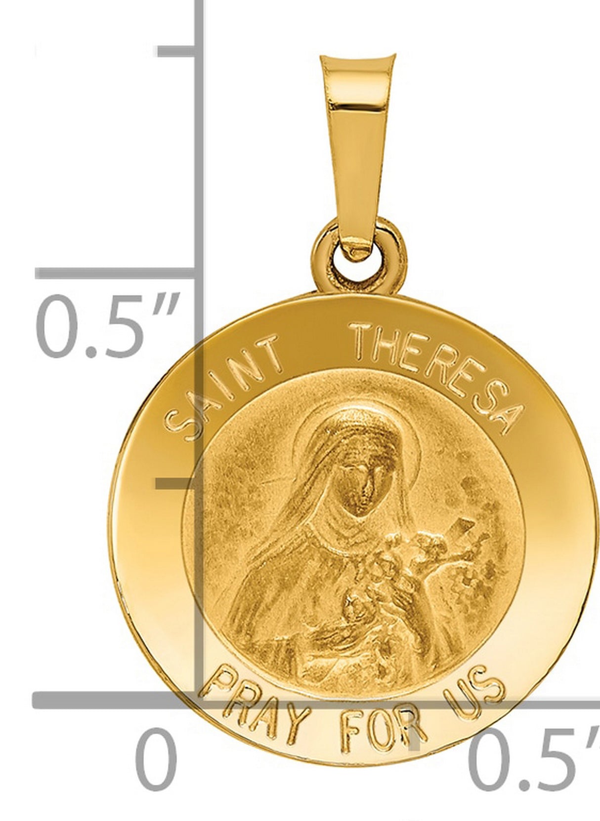 Hollow Saint Theresa Pray For Us Words Round Medal Charm Pendant in Real 14k Yellow Gold