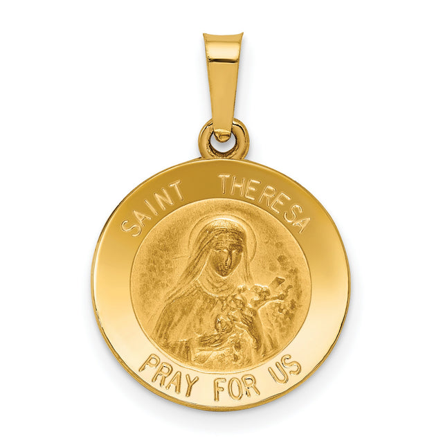 Hollow Saint Theresa Pray For Us Words Round Medal Charm Pendant in Real 14k Yellow Gold