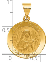 Hollow Saint Theresa Pray For Us Words Round Medal Charm Pendant in Real 14k Yellow Gold