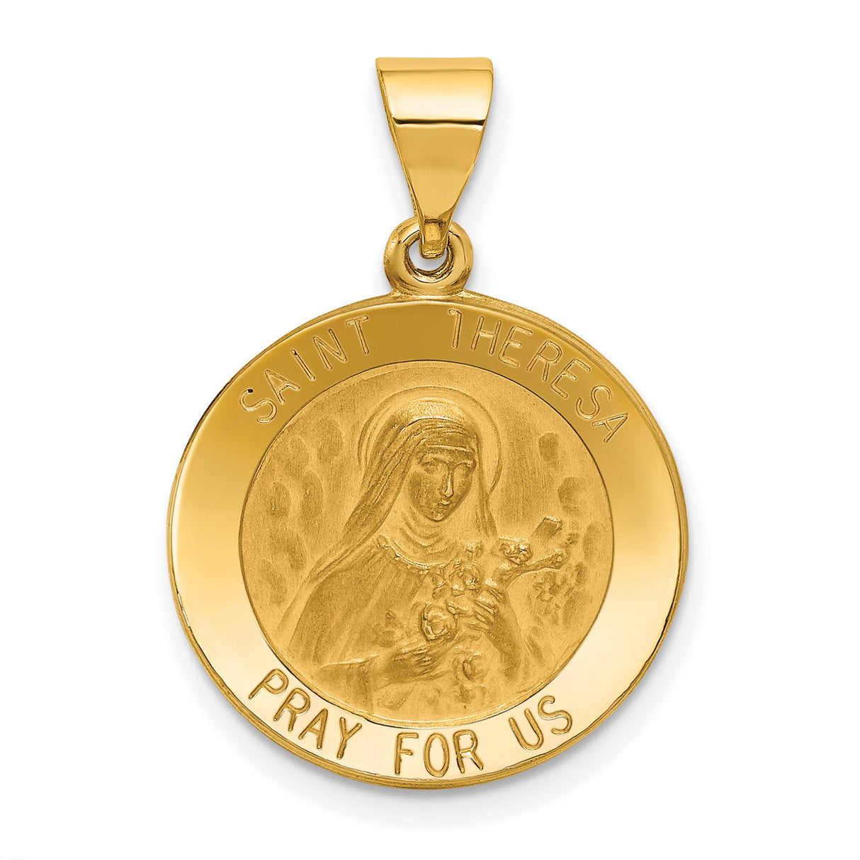 Hollow Saint Theresa Pray For Us Words Round Medal Charm Pendant in Real 14k Yellow Gold