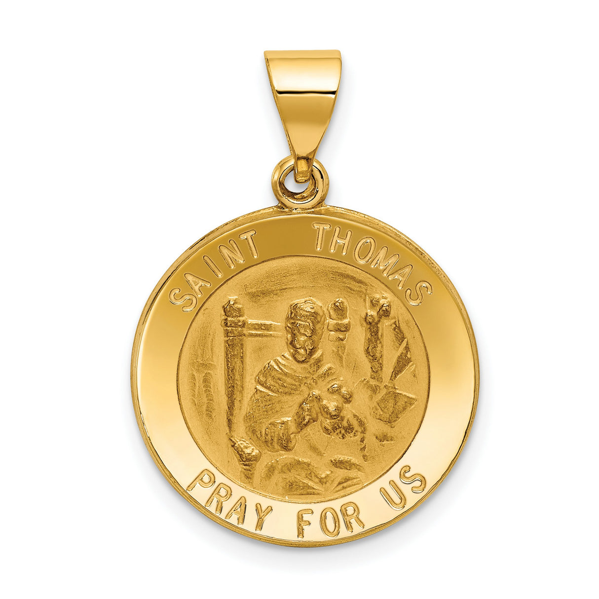 Saint Thomas Pray For Us Words Round Medal Charm Pendant in Real 14k Yellow Gold