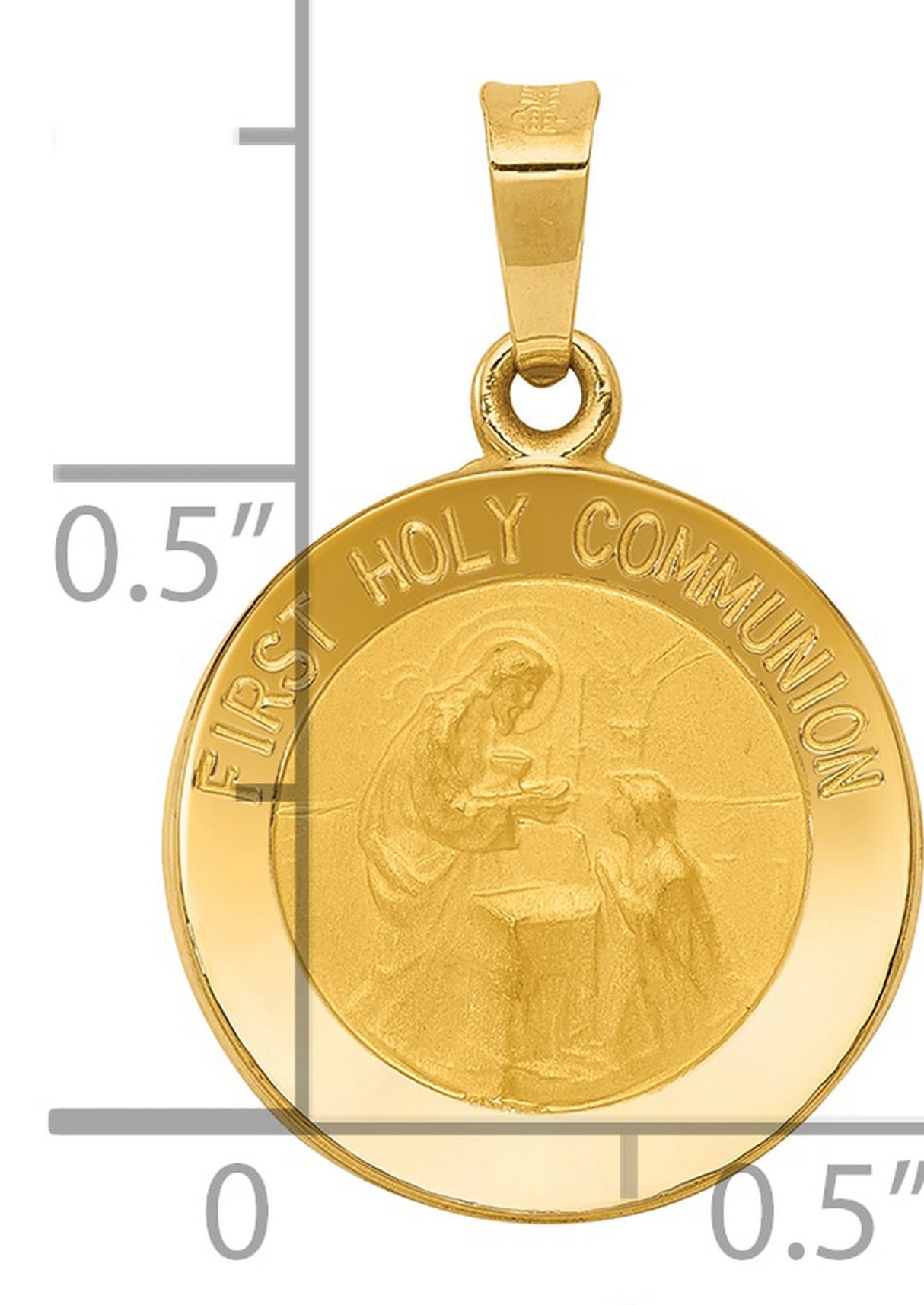 First Holy Communion Words and Religious Figures Hollow Round Charm Pendant in Real 14k Yellow Gold